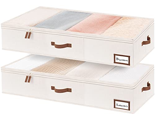 StorageWorks Underbed Storage Bins, Under Bed Storage Containers with Zippers, Closet Organizer for Clothes, Blankets, Ivory White, Jumbo, 2 Pack
