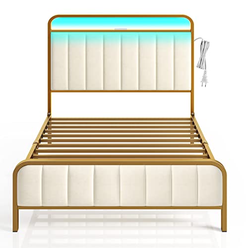 Rolanstar Twin Size Metal and Velvet Upholstered Bed Frame with LED Lights, Charging Station, and Underbed Storage, Golden Color