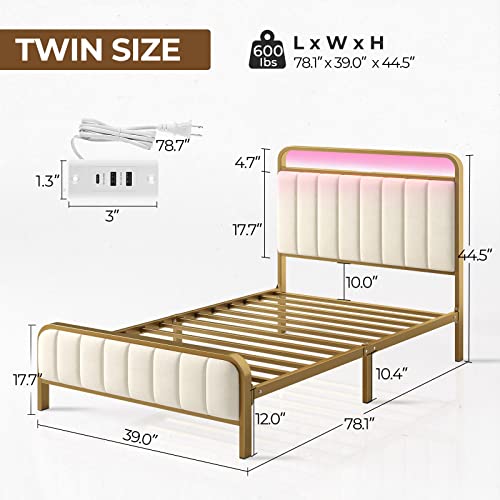 Rolanstar Twin Size Metal and Velvet Upholstered Bed Frame with LED Lights, Charging Station, and Underbed Storage, Golden Color