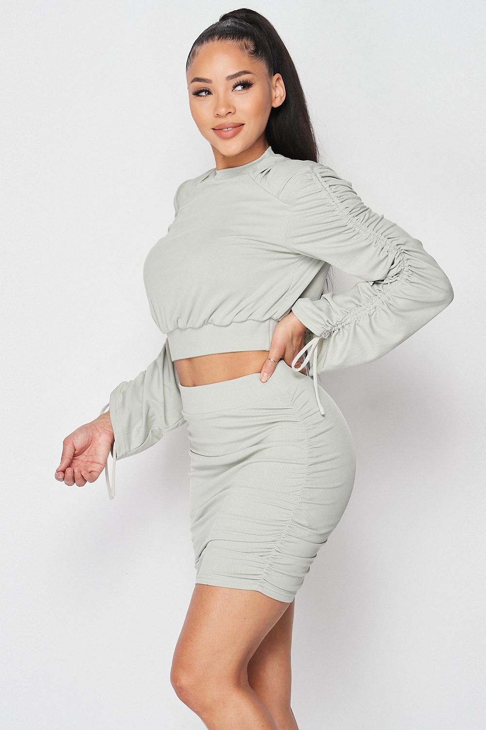 Ruched Long Sleeve And Skirt Set